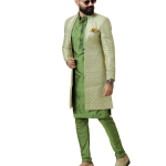 Handmade Lime Green Geometrical Embroidered Open Sherwani with Green Kurta Pajama for Men - Father Son Combo | Jaipurio